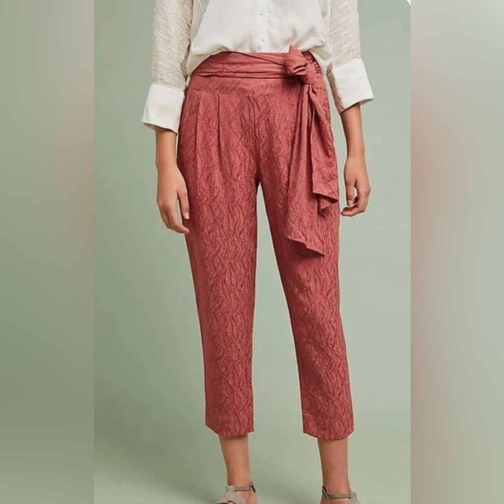 Anthropologie ETT:TWA Rose Jacquard AUBADE TIE-WAIST PANTS Tapered size 10